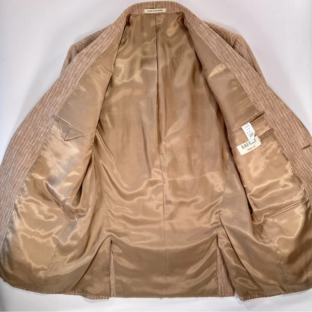 Lauren Ralph Lauren Linen Pinstripe Sport Coat Mens M Tan Coastal Quiet Luxury - Picture 3 of 13